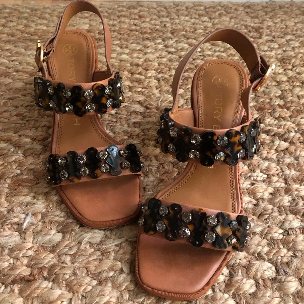 Tory Burch Delaney Embellished Heeled Sandal. Calf Leather. Size 6.5